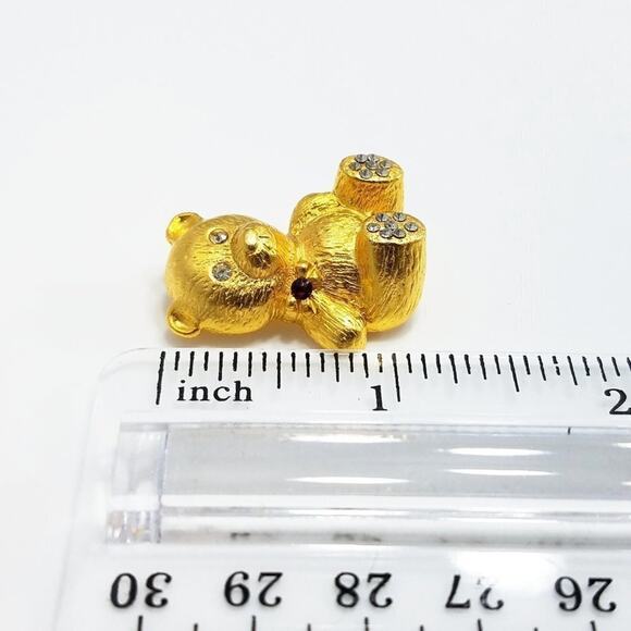 Gold Tone Teddy Bear Brooch Rhinestones Red Bow Vintage Figural Pin - Picture 8 of 10